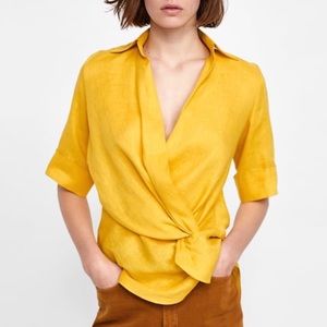 Draped linen top in mustard yellow